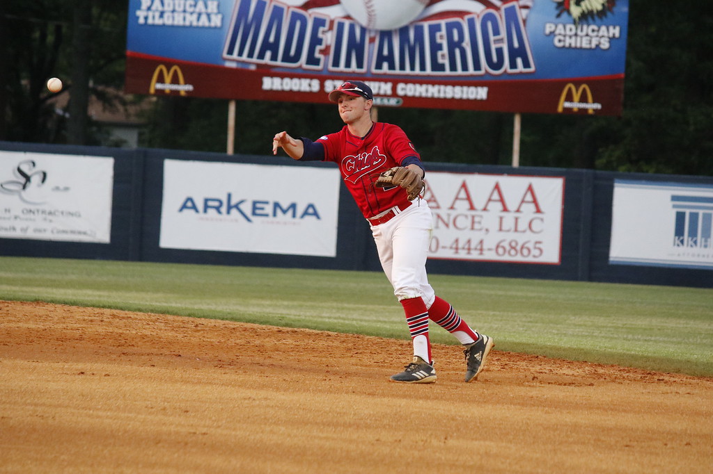 A photo of an outfielder for the Paducah Chiefs baseball team throwing the ball to 1st base in a recent game in Paducah, KY.