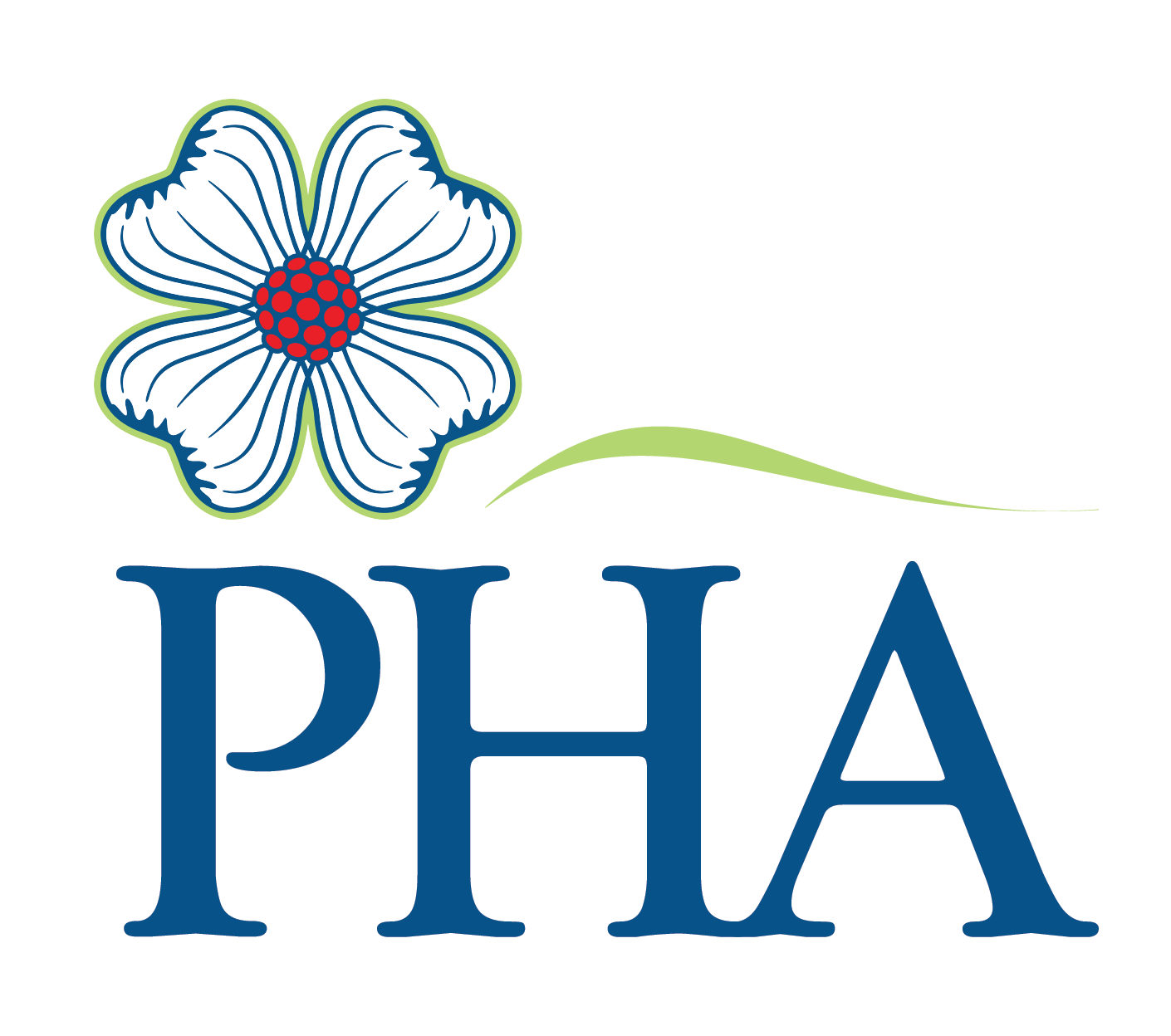 A white square with the Blue letters "PHA" under a blue, green and red dogwood bloom and small lime green swoosh that serves as a logo for the Paducah Hospitality Association in Paducah, KY.